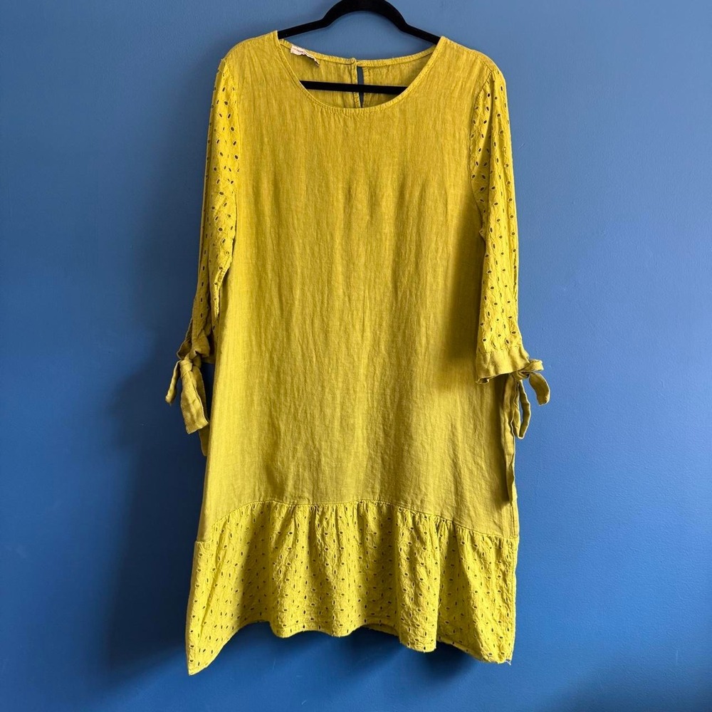 Francesca Bettini Linen Dress Women's Size Large Chartreuse Green Yellow Bow